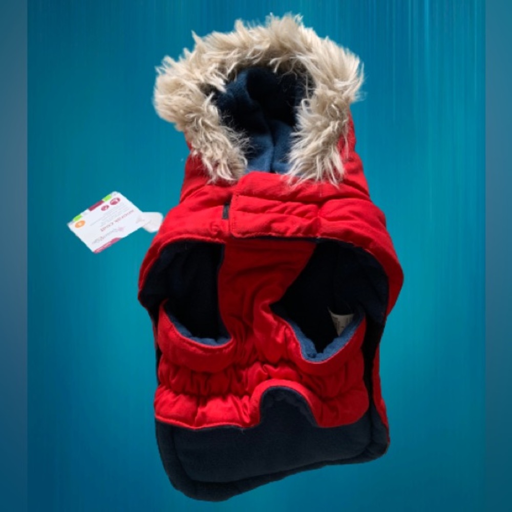 Size Small Good2Go Red with Navy Blue Hooded Anorak Coat for Dog